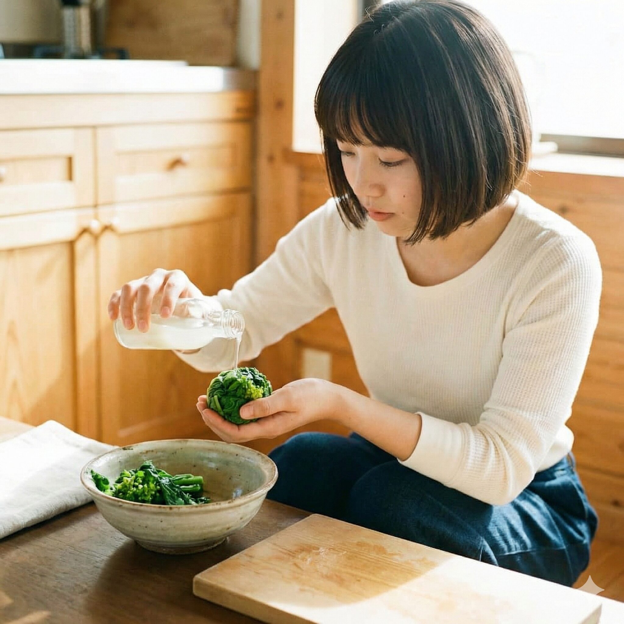 菜の花 辛子和え 白だし7　菜の花に白だしを回しかけて「醤油洗い（白だし洗い）」をしている様子。