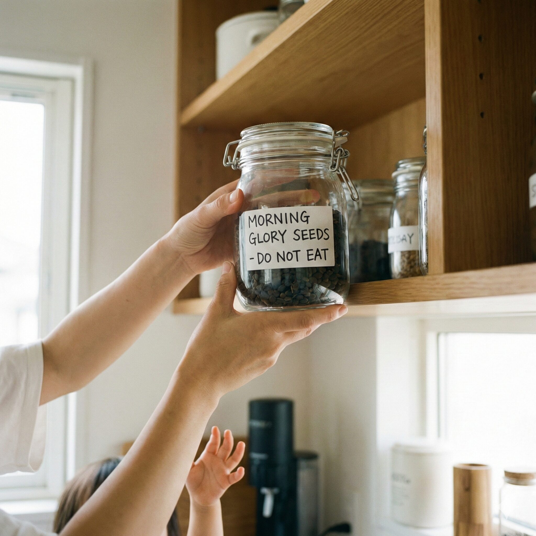 あさがお毒10　子供の誤飲を防ぐためのラベル表記と、安全な場所への朝顔の種の保管実例。