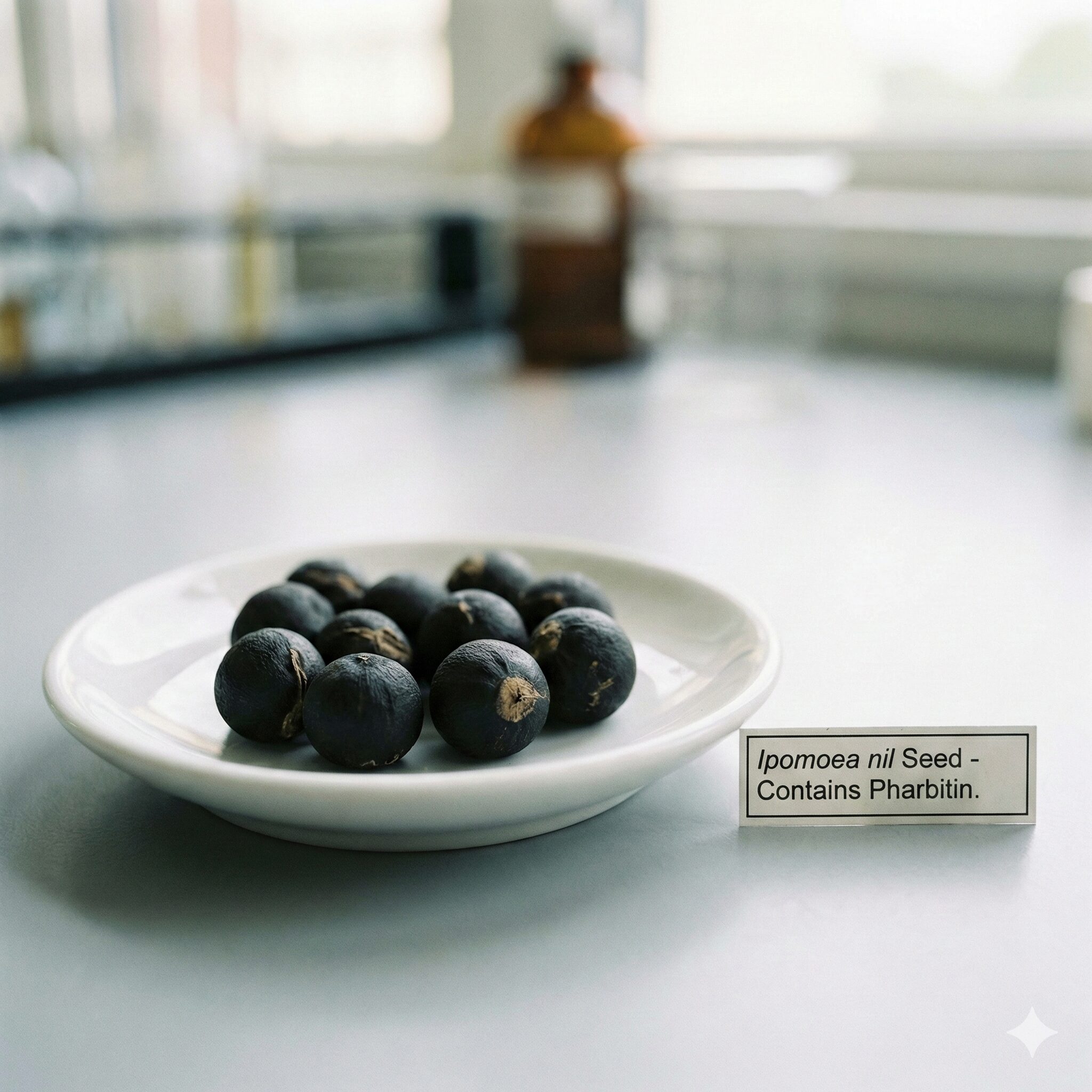 あさがお毒2　日本朝顔の完熟した黒い種子のクローズアップ。下剤成分を含むため誤飲に注意が必要な部位。