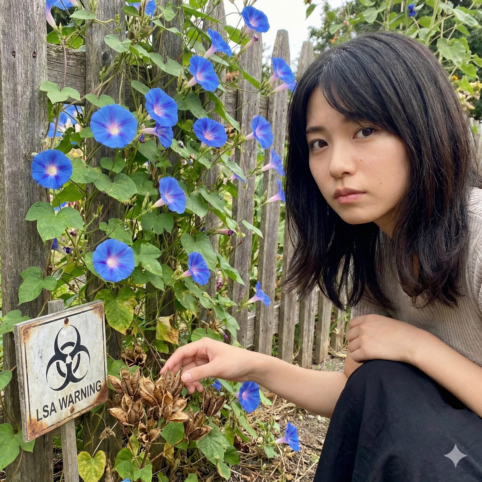 あさがお毒3　西洋朝顔（ヘブンリーブルー）の花と種子。神経系に影響を与える成分LSAを含む種類の解説。