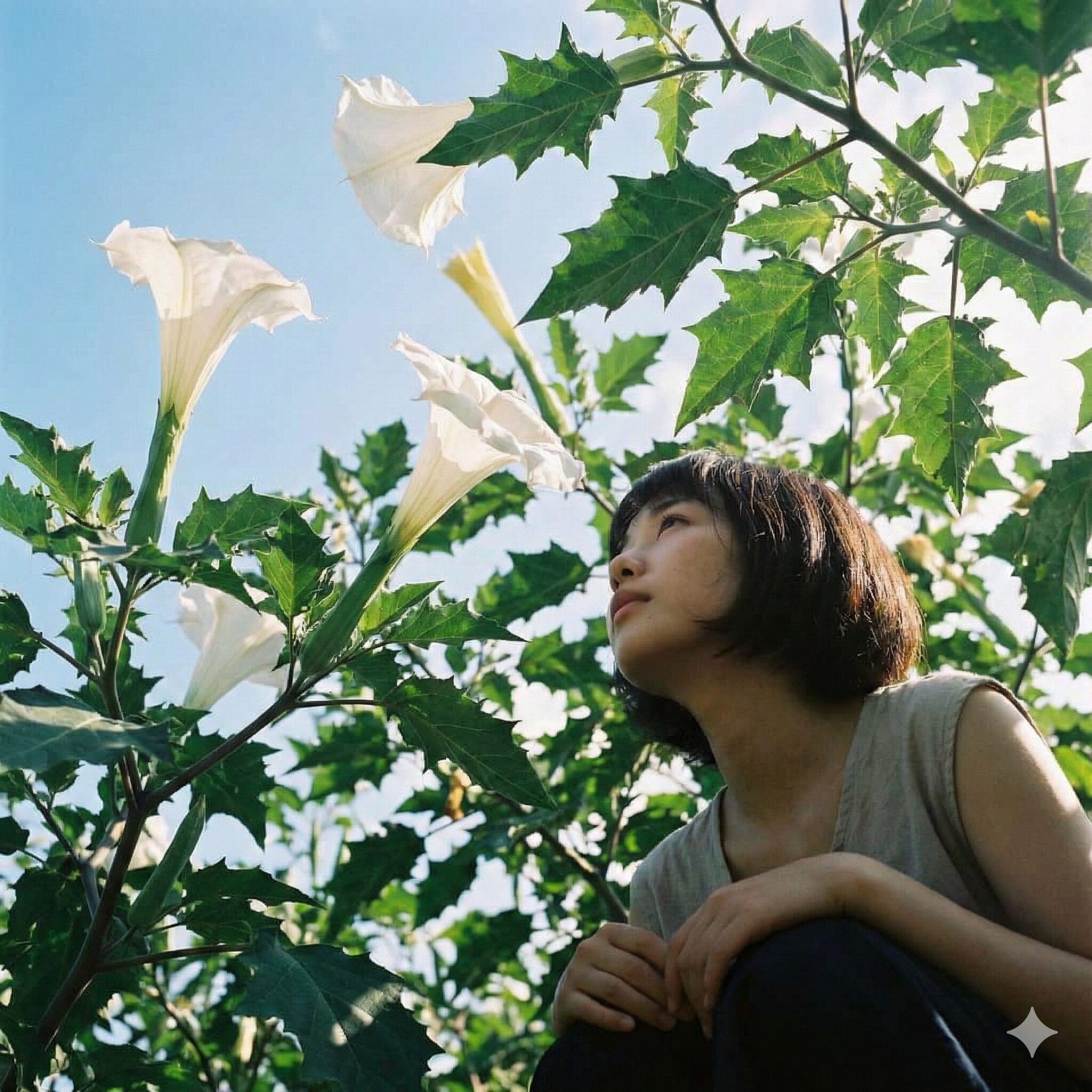あさがお毒4　上向きに咲くチョウセンアサガオの花。一般的な朝顔との違いを識別するための植物写真。
