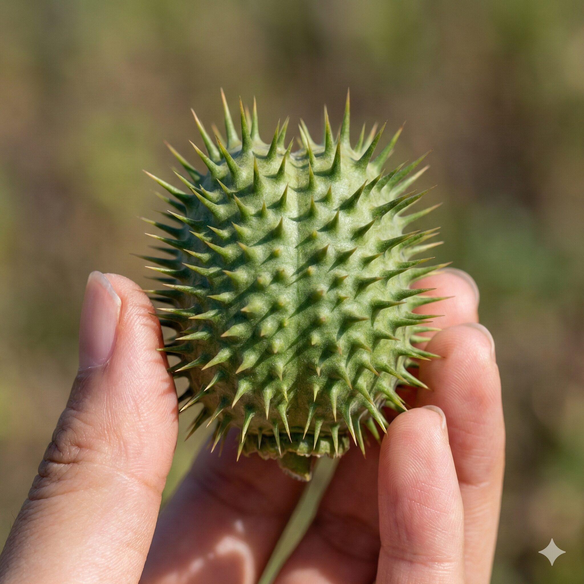 あさがお毒5　チョウセンアサガオのトゲトゲした実の近接写真。猛毒アルカロイドを含む非常に危険な部位。