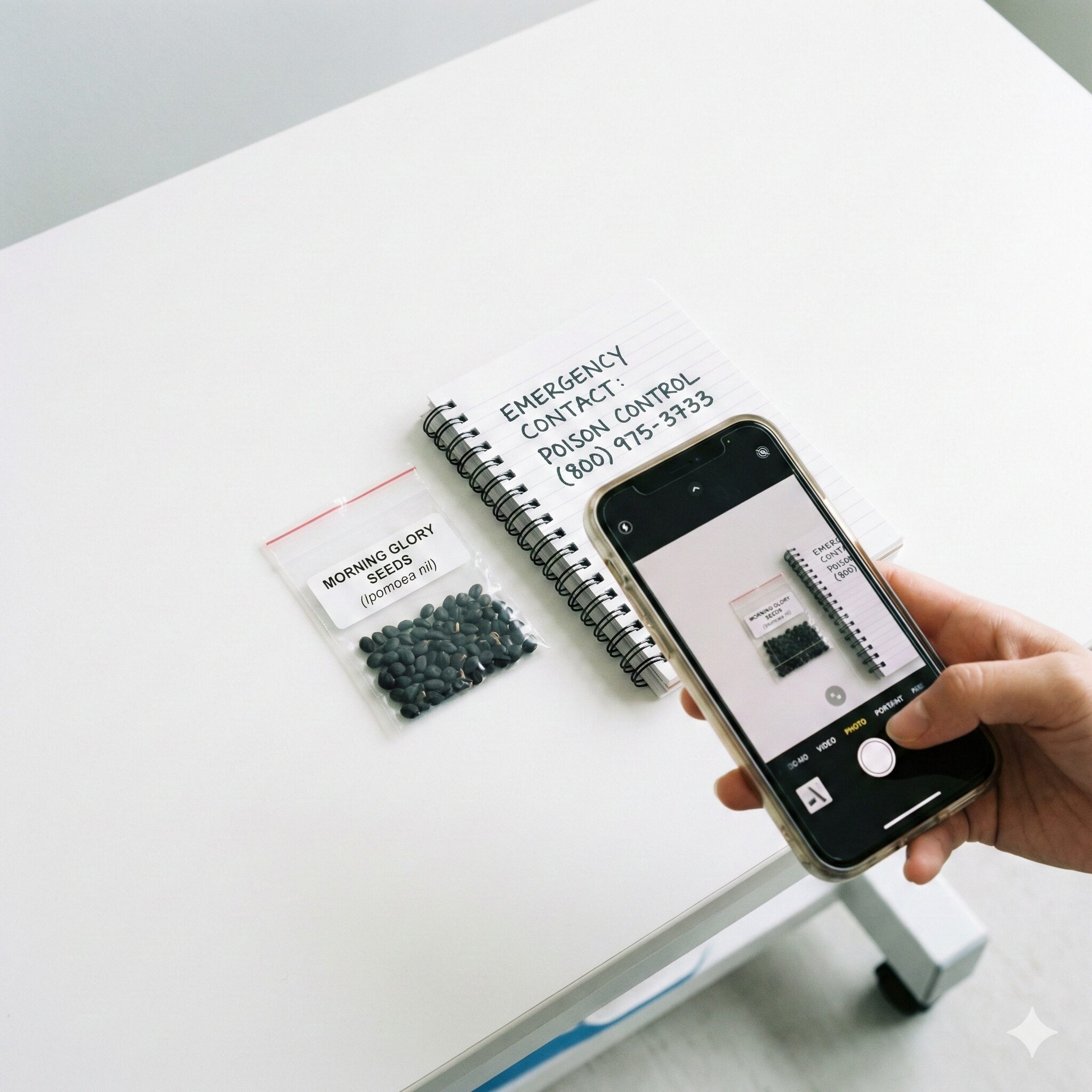 あさがお毒7　中毒症状時に医師へ提示するための「あさがおの種」の現物と緊急対応のイメージ。