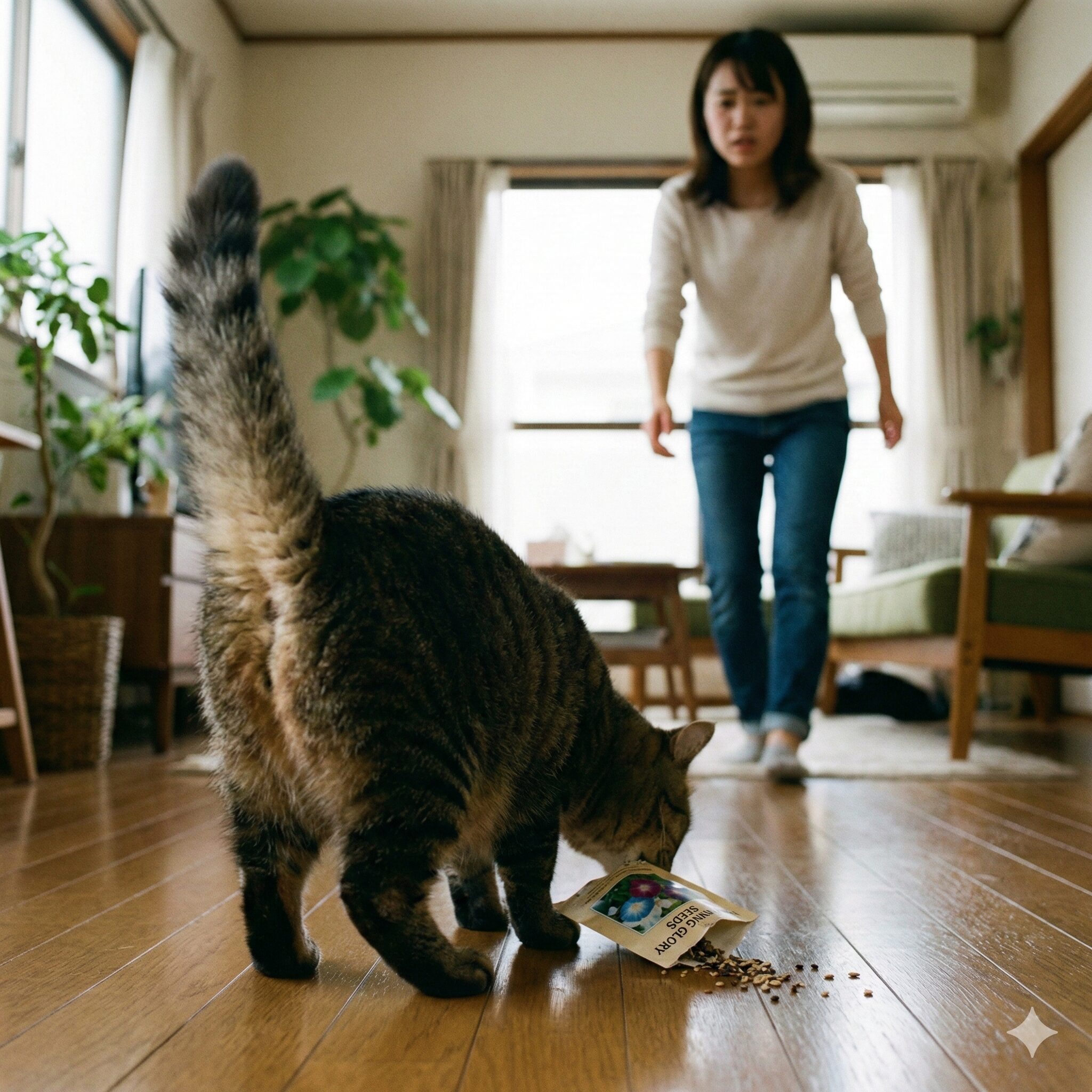 あさがお毒8　朝顔の種に興味を示す猫。ペットの誤飲事故を防ぐための飼い主向け注意喚起イメージ。