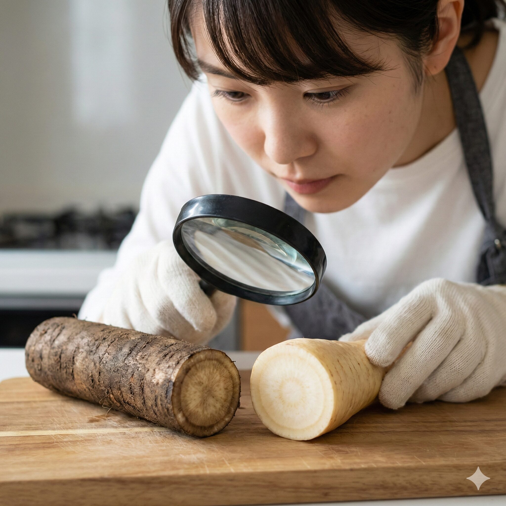 あさがお毒9　食用ゴボウと有毒なチョウセンアサガオの根の断面比較。誤食事故を防ぐための見分けポイント。