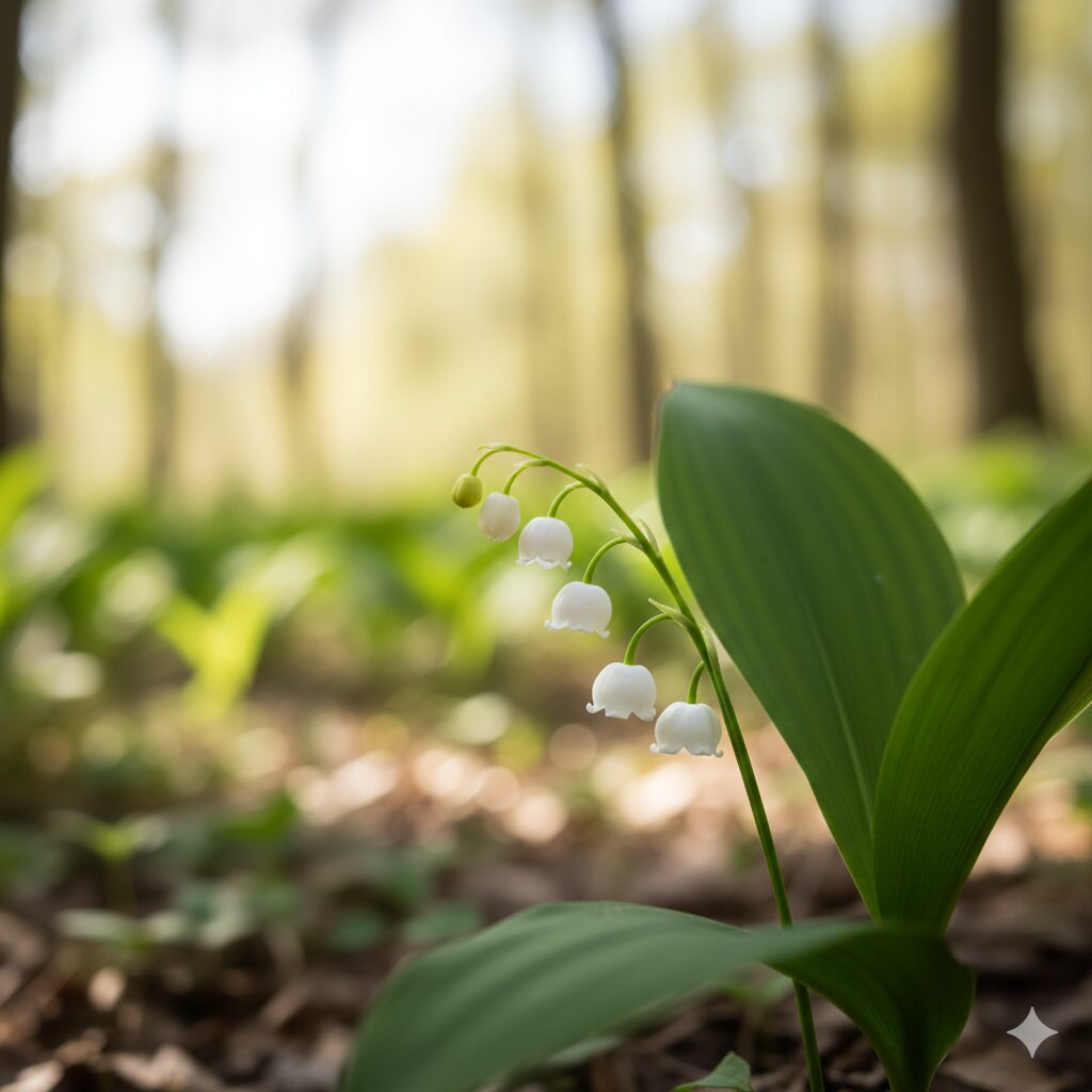 すずらん いつ咲く1　春の光の中で美しく開花した白いすずらんの花のクローズアップ写真