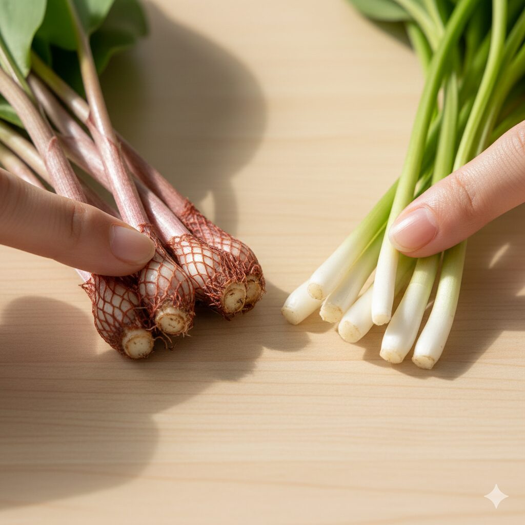 すずらん いつ咲く10　誤食事故を防ぐためのギョウジャニンニクとすずらんの茎の根元の比較