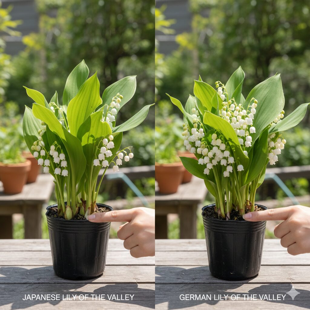 すずらん いつ咲く2　花の位置が低いニホンスズランと位置が高いドイツスズランの比較画像