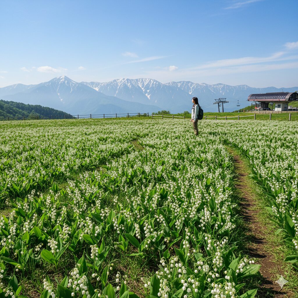 すずらん いつ咲く4　八ヶ岳を背景に長野県の高原で咲き誇る100万本のすずらん畑