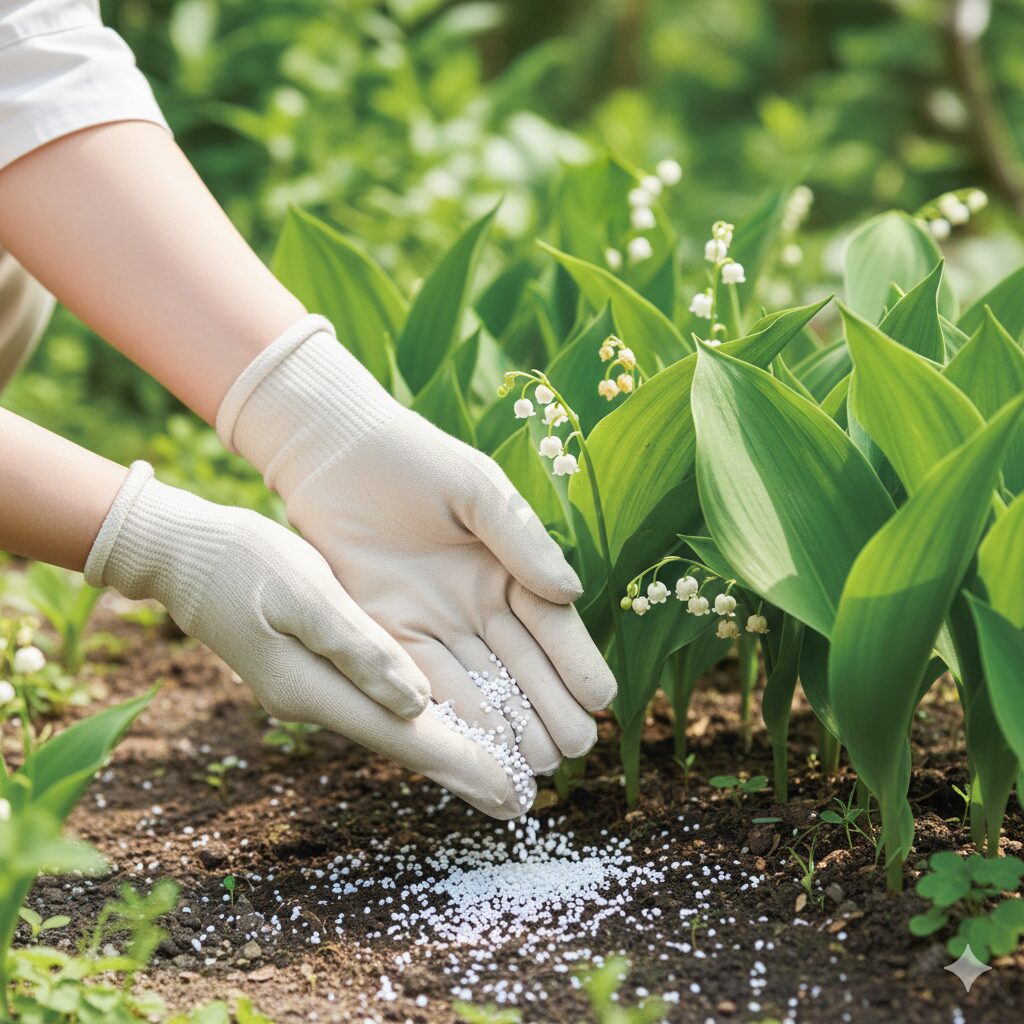 すずらん いつ咲く7　来年の開花を促すためにすずらんの株元へお礼肥を与える様子