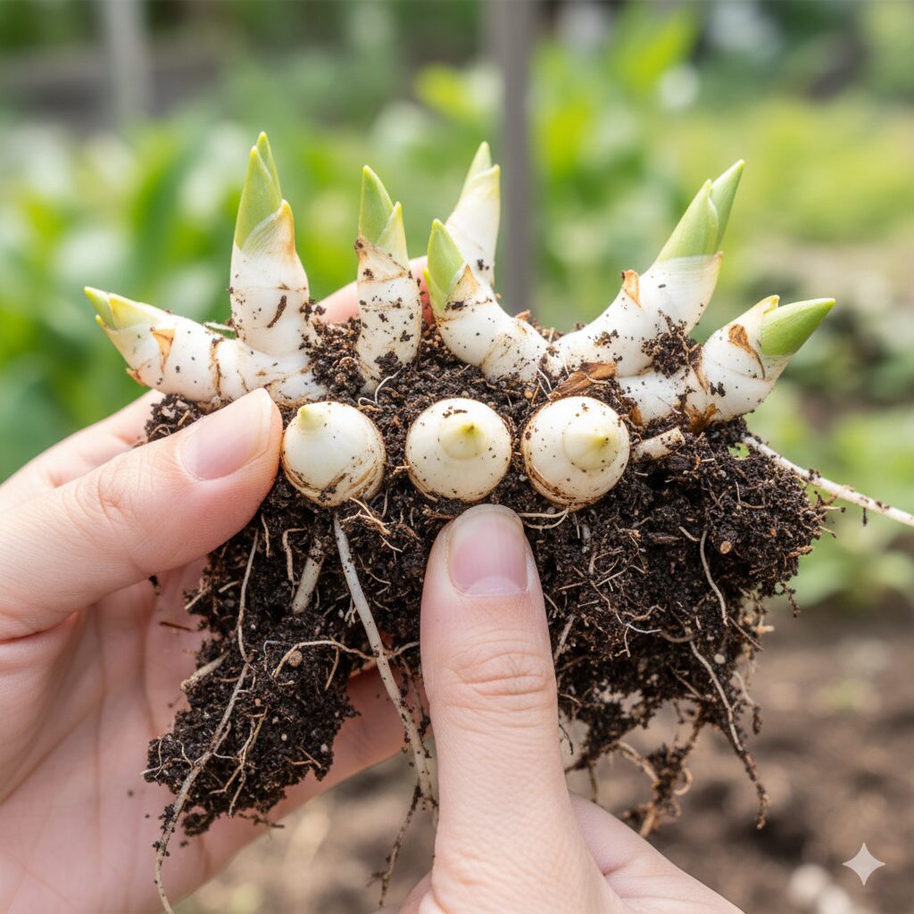 すずらん いつ咲く8　株分けのために掘り起こされた元気な芽を持つすずらんの地下茎