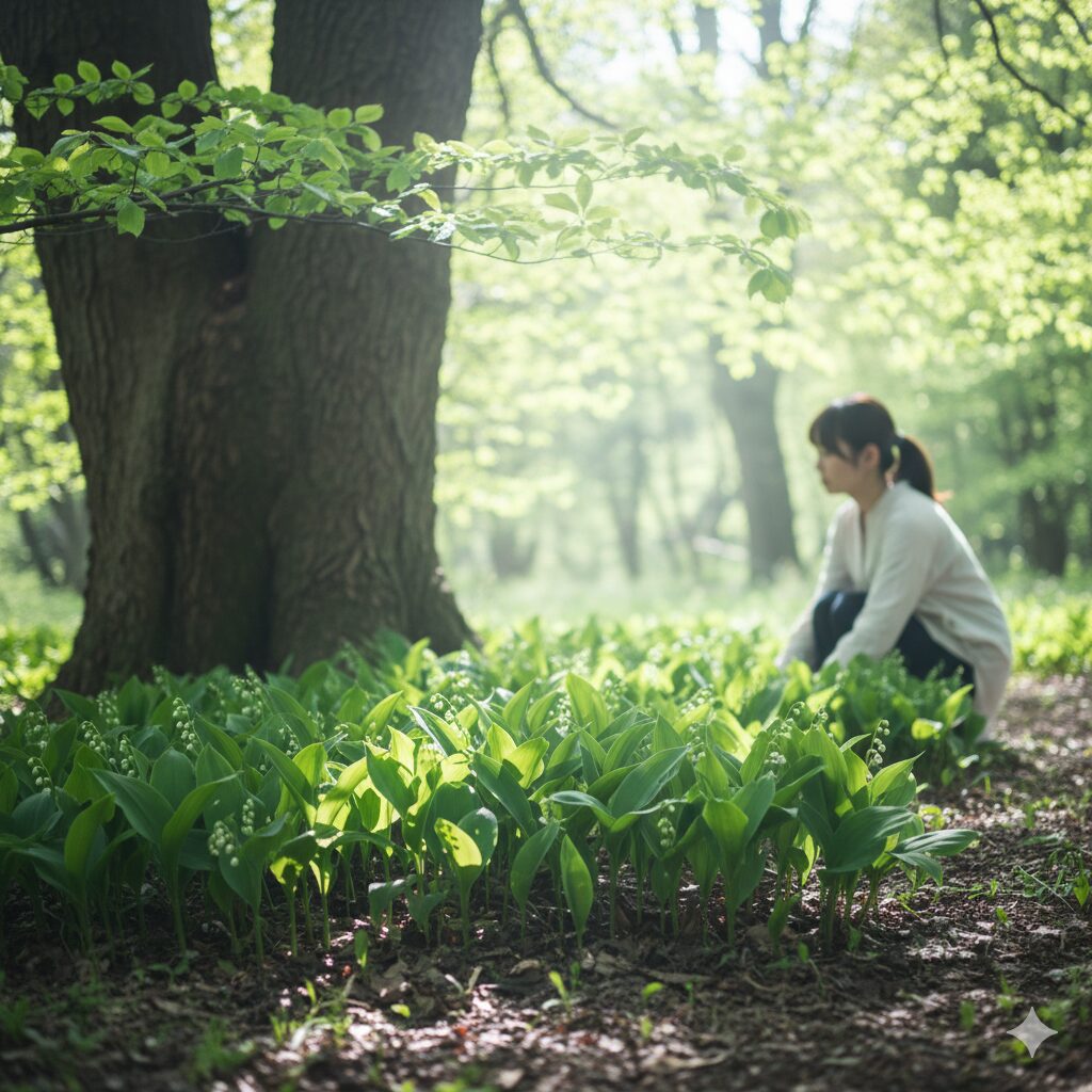 すずらん 育て方 地植え3　落葉樹の根元の半日陰で育つスズランの理想的な栽培場所