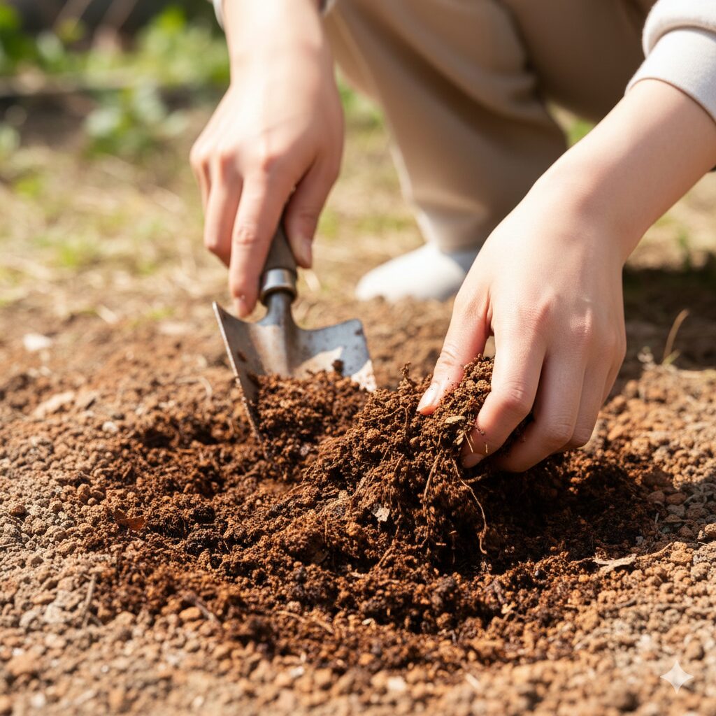 すずらん 育て方 地植え4　スズランの地植えに適した腐葉土と赤玉土を混ぜた土作り