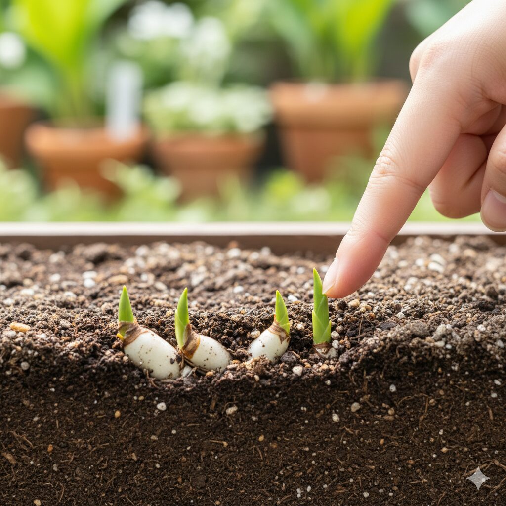 すずらん 育て方 地植え6　スズランの芽が少しだけ土から出る浅植えの正しい深さ