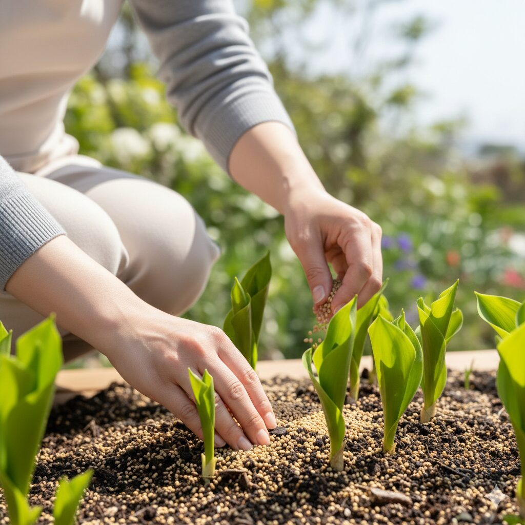 すずらん 育て方 地植え7　春の芽出し期にスズランの株元へ追肥を行う様子