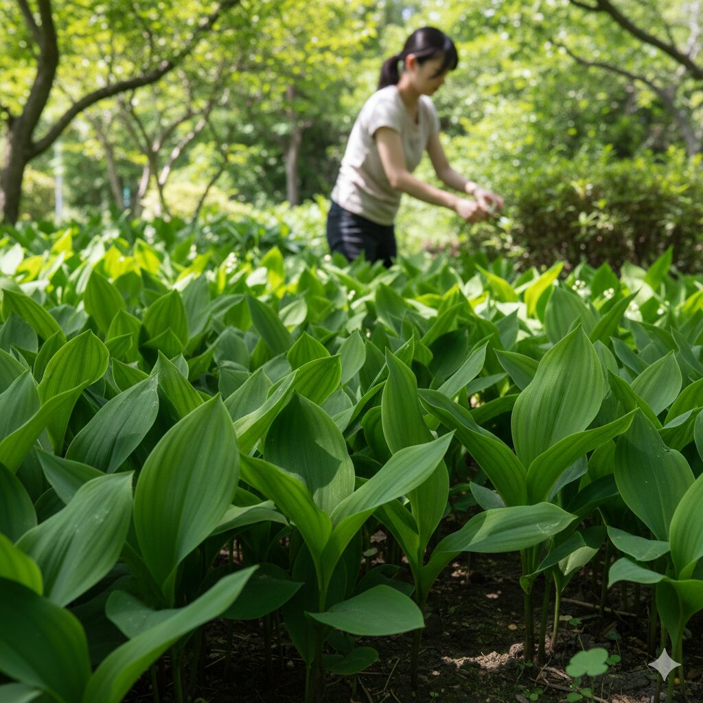 すずらん 育て方 地植え8　来年の花を咲かせるために残されたスズランの元気な葉