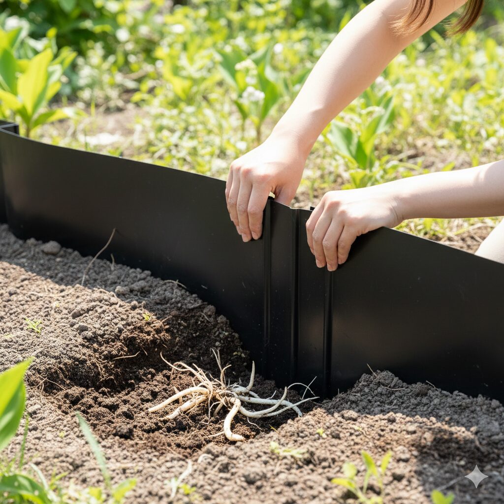 すずらん 育て方 地植え9　スズランの地下茎の増えすぎを防止する仕切り板の設置