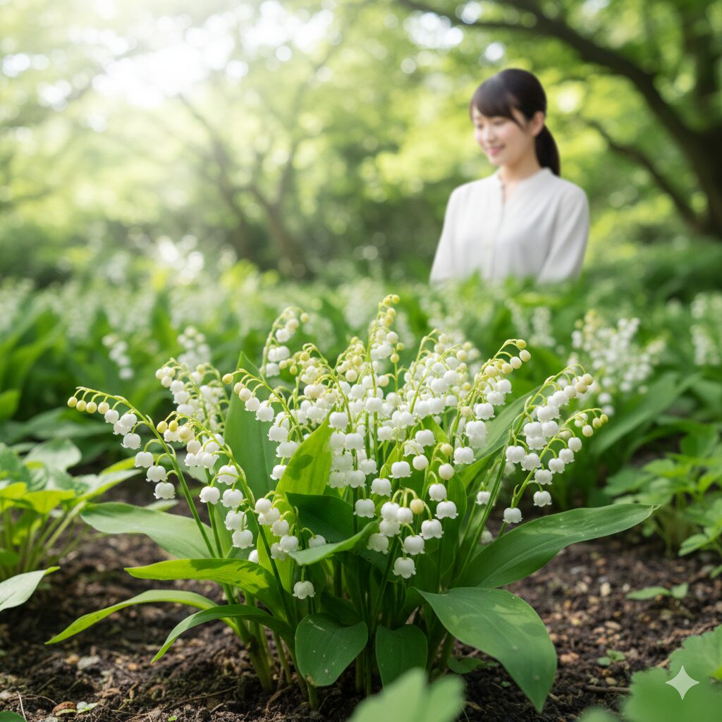 すずらん 育て方 花が咲かない1　春の木漏れ日の中で白く可憐な花を咲かせるスズランのメインビジュアル