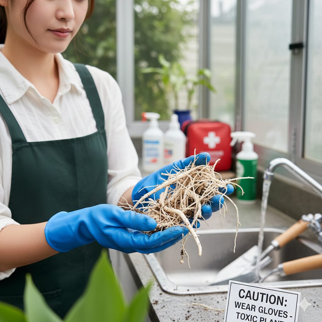 すずらん 育て方 花が咲かない10　スズランの毒性に配慮して手袋を着用し安全に植え替え作業を行う様子