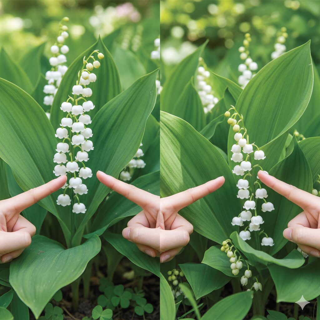 すずらん 育て方 花が咲かない2　ドイツスズランとニホンスズランの花のサイズと付き方の違いを比較した写真