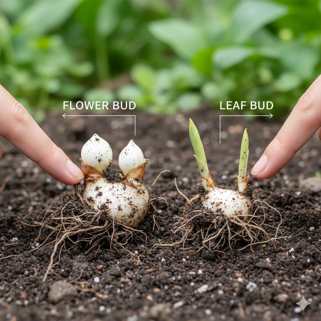 すずらん 育て方 花が咲かない3　スズランの地下茎にあるふっくらした花芽と細長い葉芽の形状比較