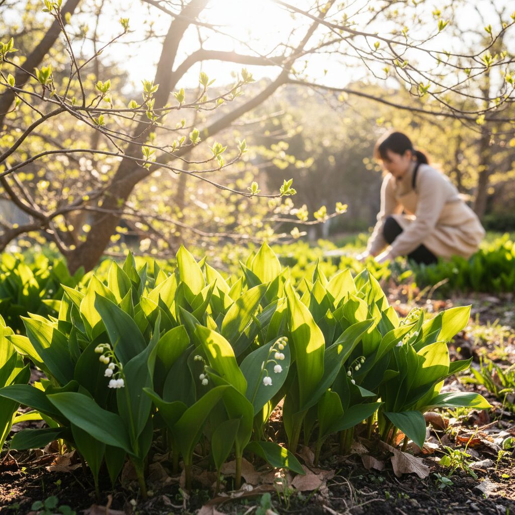 すずらん 育て方 花が咲かない4　春の成長期に明るい日光を浴びて光合成を行うスズランの栽培環境
