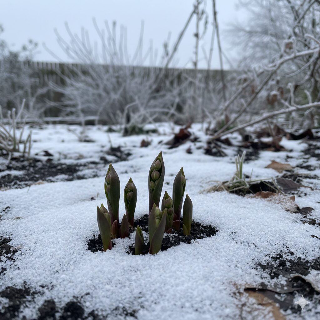すずらん 育て方 花が咲かない5　休眠打破のために冬の屋外で低温にさらされているスズランの越冬風景