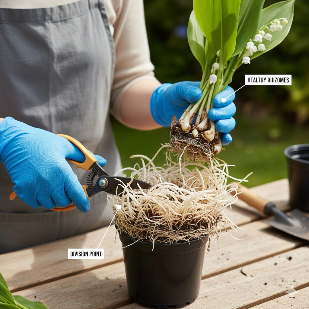 すずらん 育て方 花が咲かない7　スズランの根詰まりを解消するために地下茎を丁寧に株分けする手順