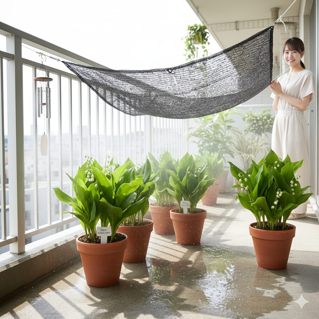 すずらん 鉢植え 育て方3　すずらんの鉢植えを夏越しさせるための遮光ネットと涼しい置き場所の工夫。