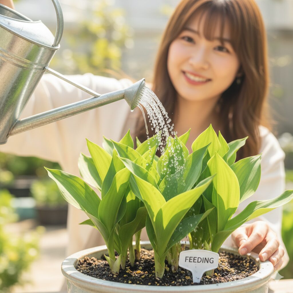 すずらん 鉢植え 育て方7　花後のお礼肥を与える様子。来年の花を咲かせるための大切な管理。