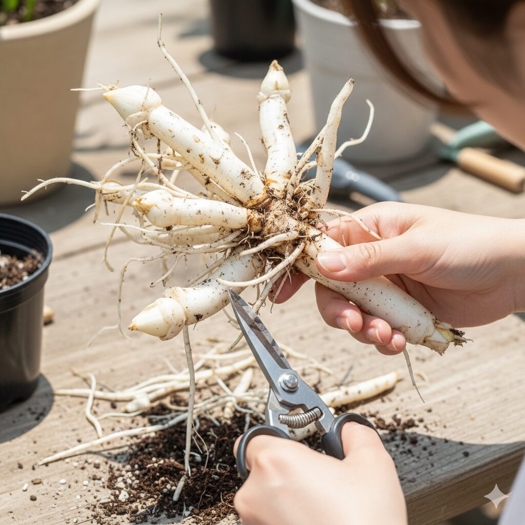すずらん 鉢植え 育て方8　すずらんの地下茎の株分け作業。4〜5芽を一塊にする理想的な切り分け方。