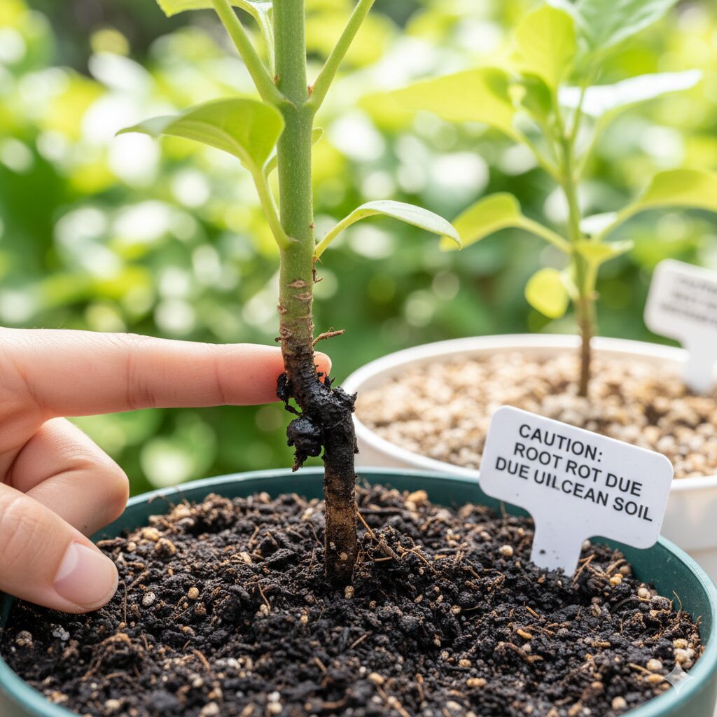 なでしこ 増やし方10　雑菌の繁殖や肥料分の過多により、根元から黒く腐敗してしまったなでしこの挿し芽。