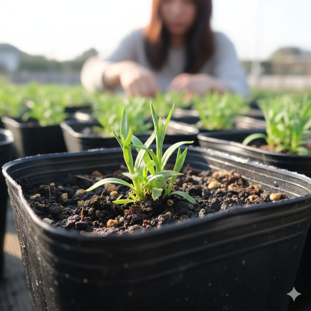 なでしこ 増やし方2　春の最適な時期に管理され、新しい葉が展開し始めたなでしこの挿し芽苗。