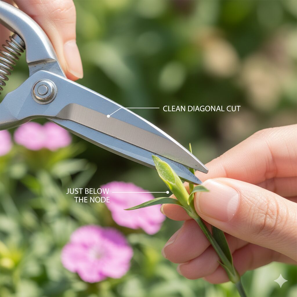 なでしこ 増やし方3　なでしこの発根率を高めるために、節のすぐ下を斜めにカットする挿し穂作りの様子。