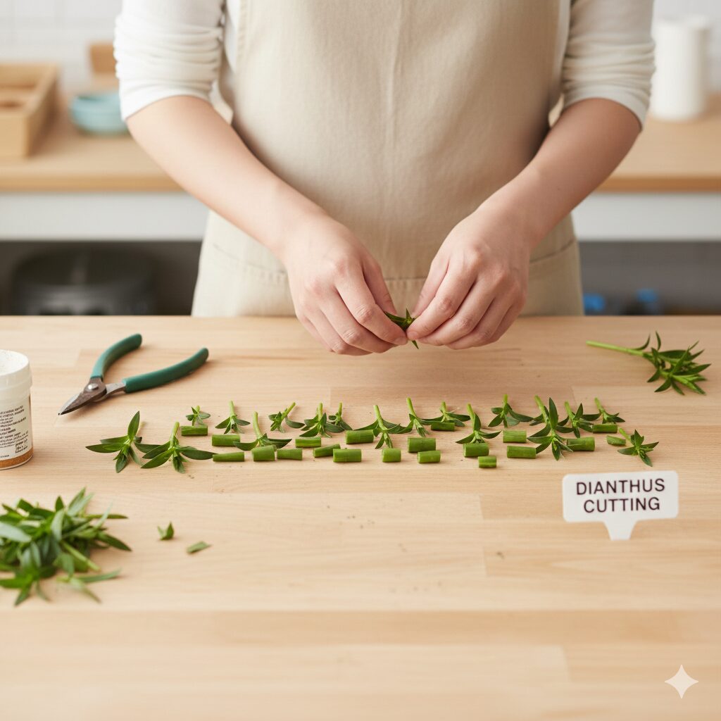 なでしこ 増やし方4　下葉を取り除き、上部の葉を半分にカットして蒸散を抑えたなでしこの挿し穂。