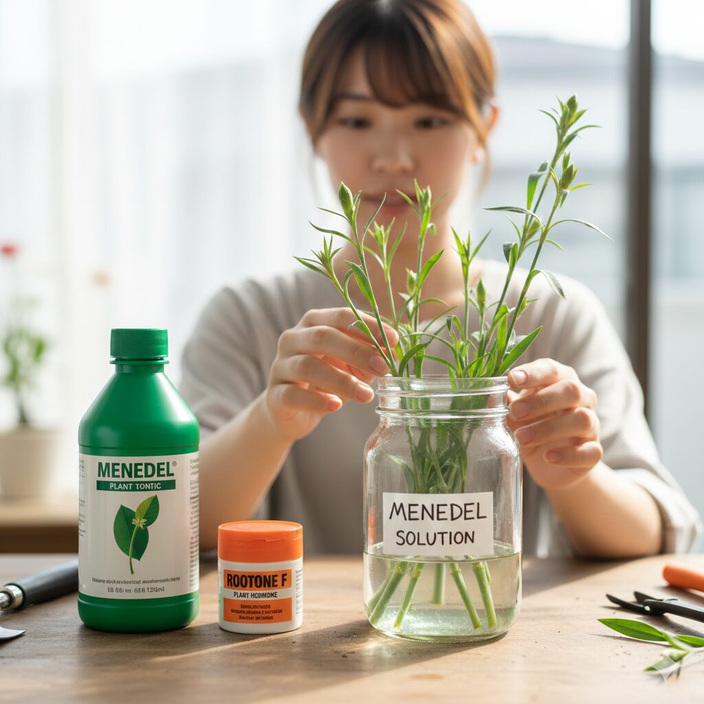 なでしこ 増やし方5　なでしこの挿し芽を成功させるための発根促進剤ルートンと活力剤メネデールの使用例。