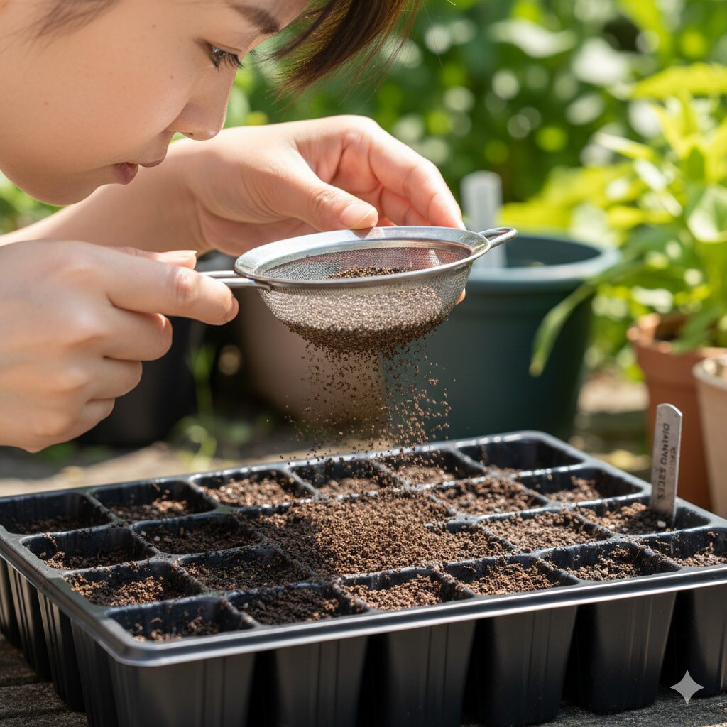 なでしこ 増やし方7　なでしこの発芽を促すための、種が透けて見えるほど薄い覆土の厚さの目安。