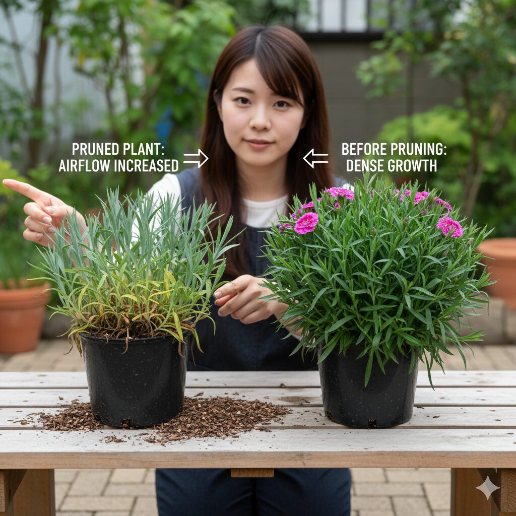 なでしこ 増やし方8　夏の蒸れを防ぐために、株の半分程度の高さまで切り戻し剪定を行ったなでしこ。