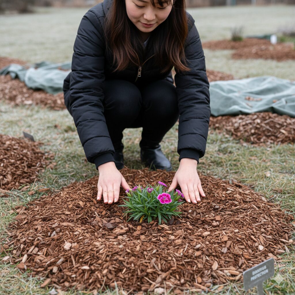 なでしこ 増やし方9　冬の凍結や乾燥からなでしこの苗を守る、バークチップによる株元のマルチング。