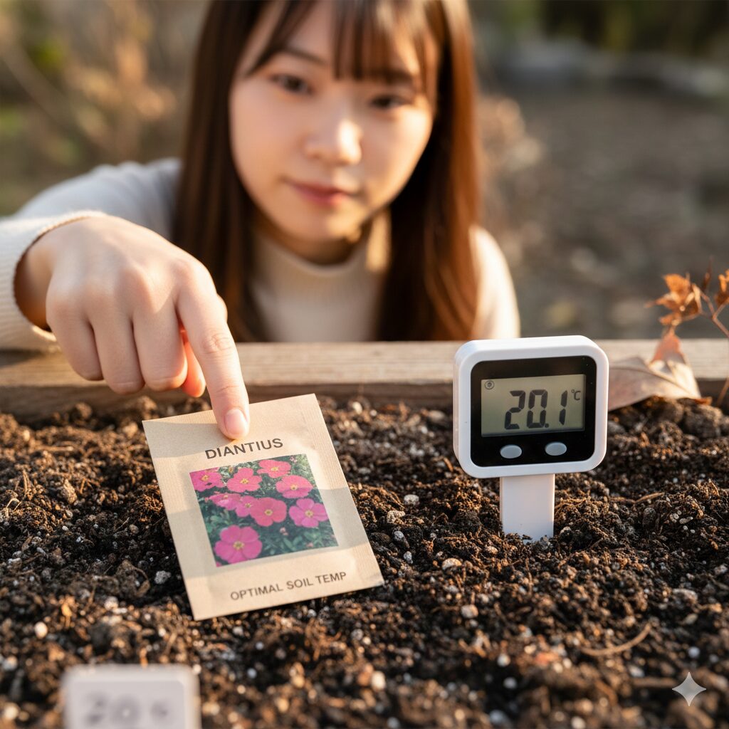 なでしこ 種まき 時期2 ナデシコの種まきに最適な発芽適温20度を指す園芸用温度計と種袋のセット