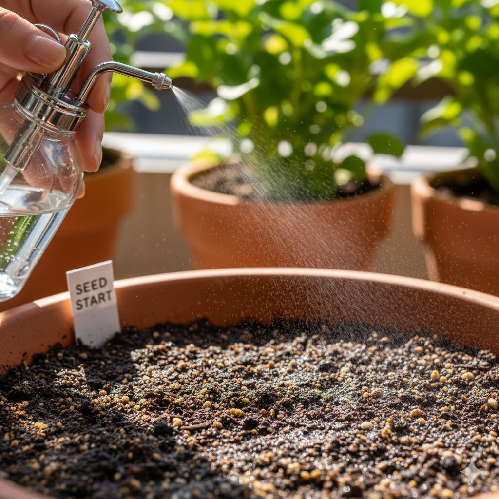 なでしこ 種まき 時期4 霧吹きを使用してナデシコの種まき直後の土壌を優しく湿らせる水やり作業の接写