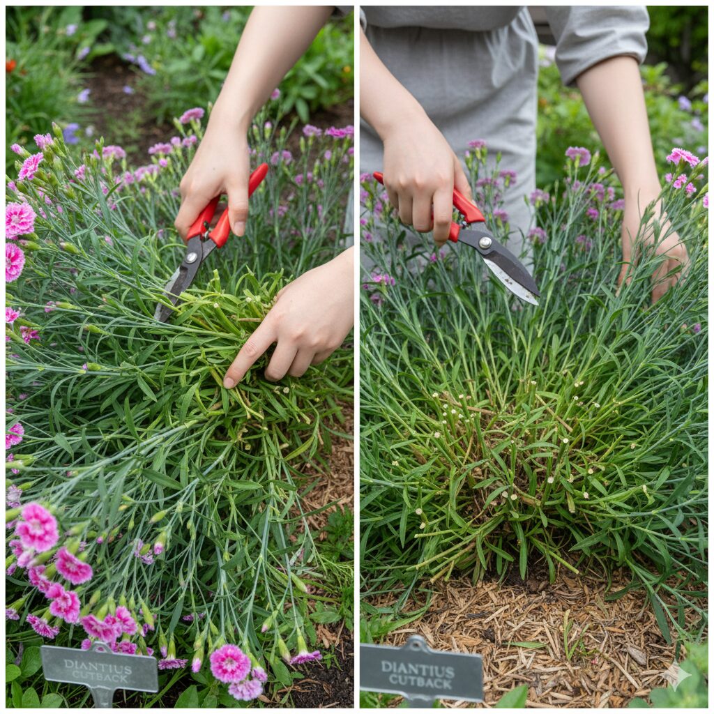 なでしこ 種まき 時期8 夏の高温多湿による蒸れを防ぐためにナデシコの株を切り戻し剪定するガーデニング作業