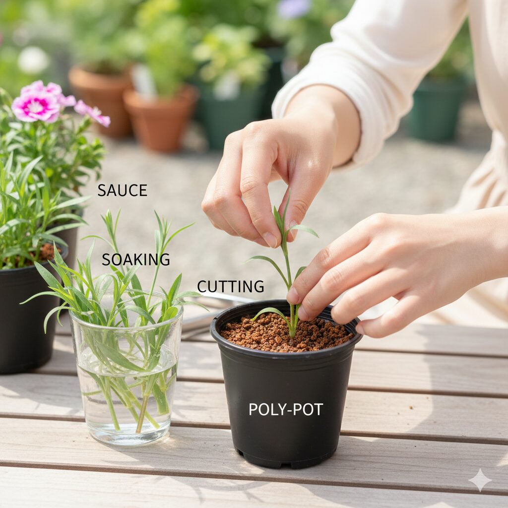 なでしこ 種まき 時期9 ナデシコの元気な茎をカットして挿し木で新しい苗を増やす手順の様子