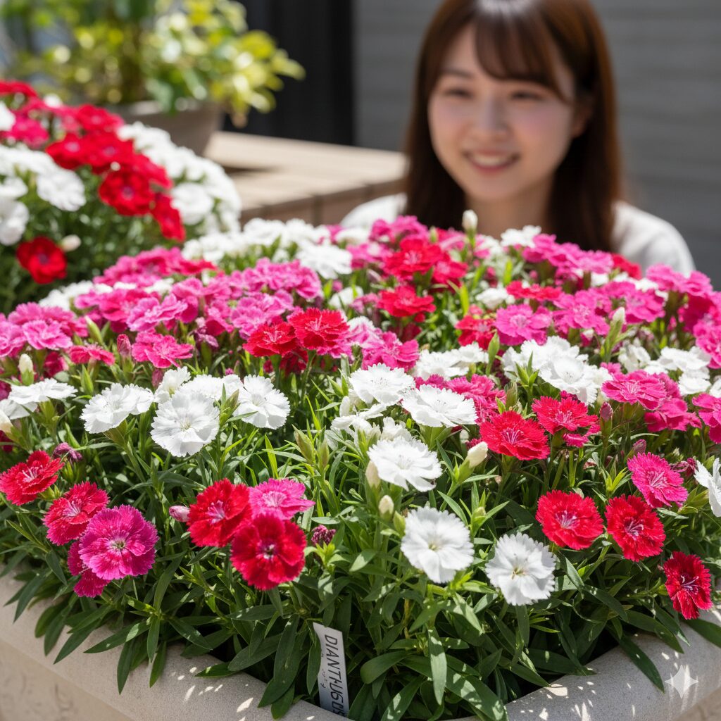 なでしこ 育て方 プランター1　プランターいっぱいに溢れるように咲き誇る、色鮮やかな四季咲きなでしこ（ダイアンサス）の様子。