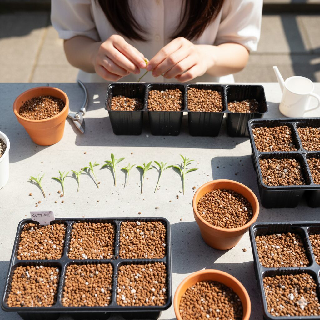 なでしこ 育て方 プランター10 下葉を処理して調整したなでしこの穂木と、挿し芽用に準備された用土が入ったトレイ。