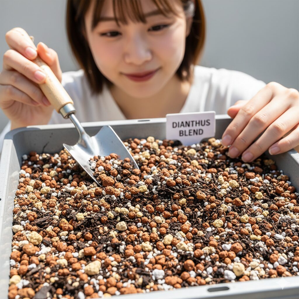 なでしこ 育て方 プランター3 赤玉土、腐葉土、鹿沼土などをブレンドした、水はけの良いなでしこ栽培用の培養土。