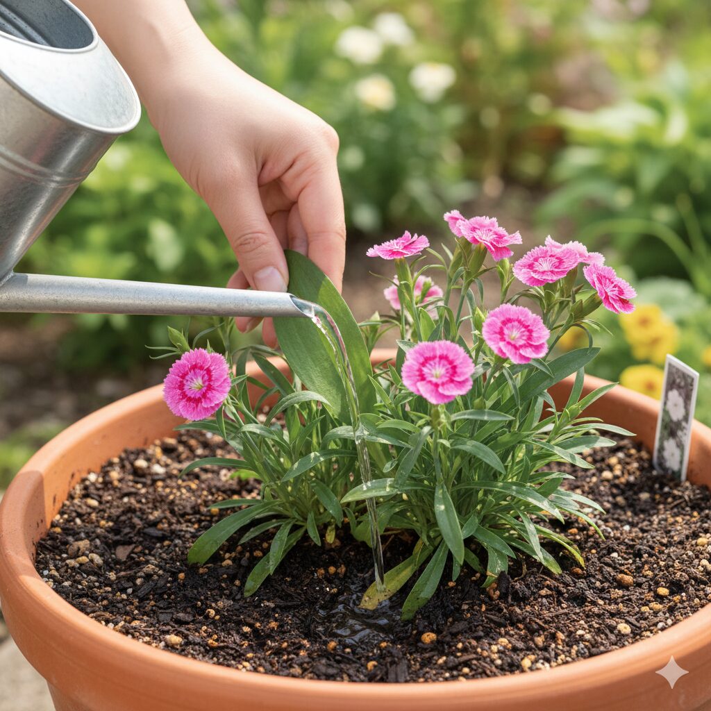 なでしこ 育て方 プランター4 ジョウロの細い注ぎ口を使い、花や葉を避けてなでしこの株元に直接水やりをしている様子。