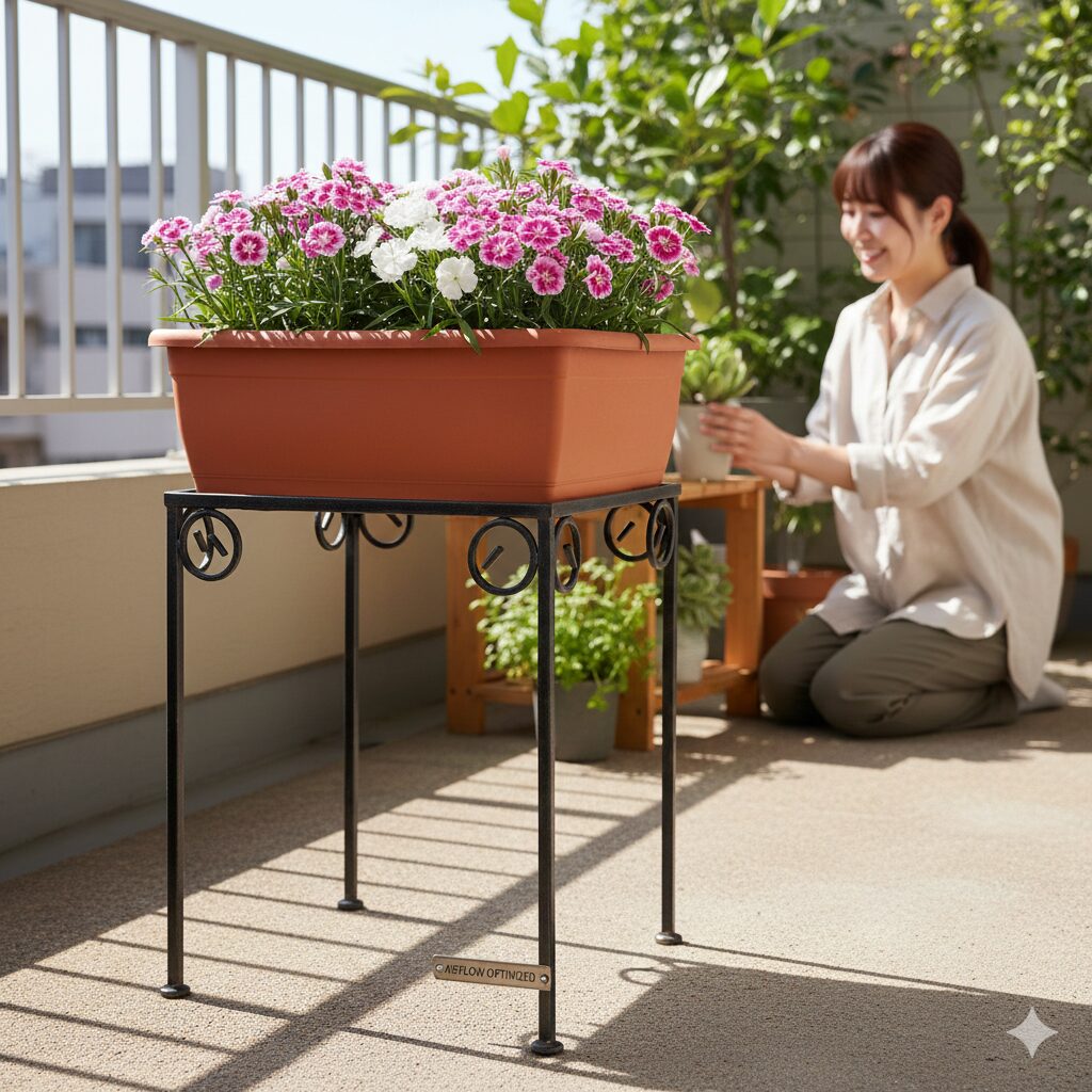 なでしこ 育て方 プランター5 ベランダでフラワースタンドを使用し、床から離して風通しと熱対策を行っているなでしこのプランター。