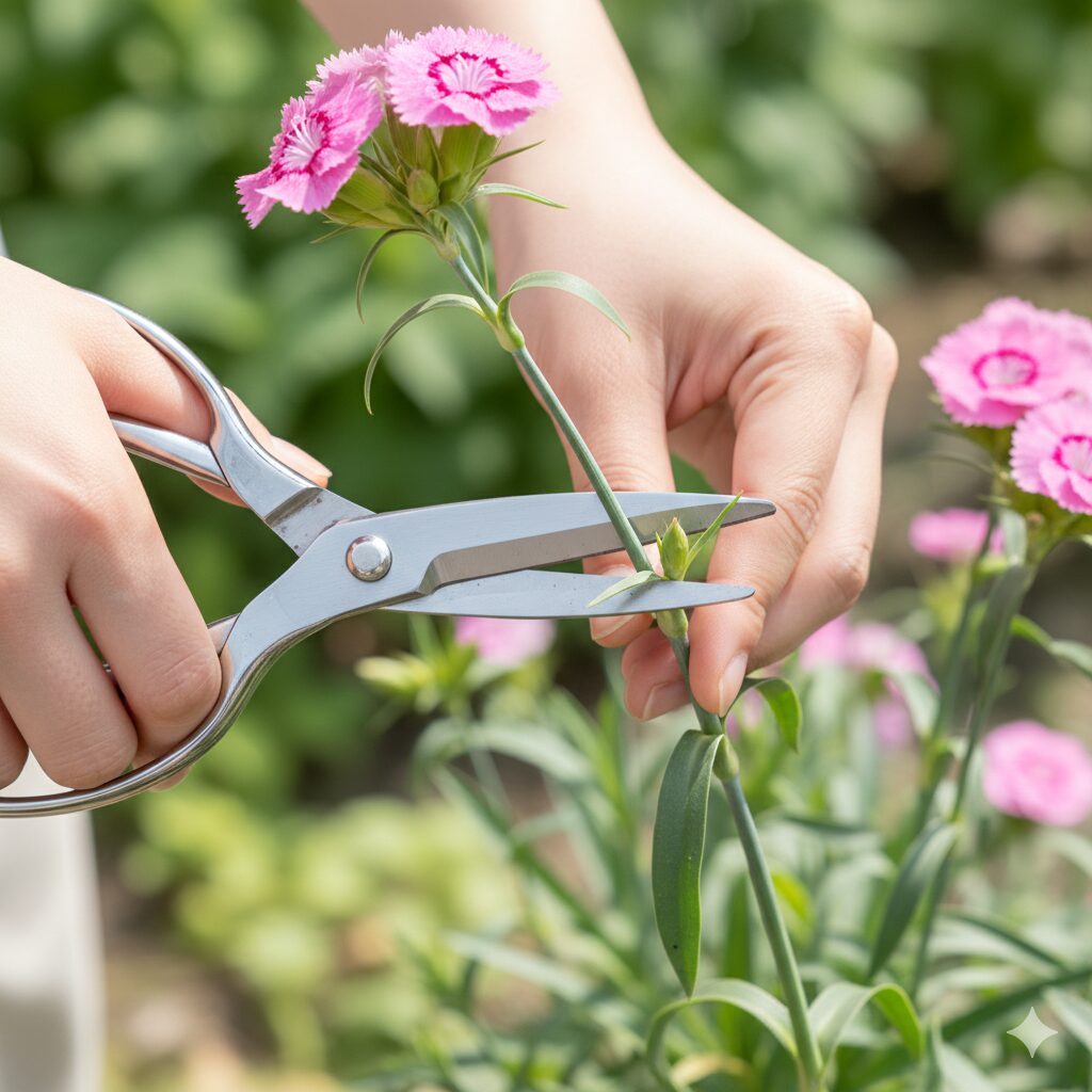 なでしこ 育て方 プランター6 園芸用ハサミを使い、茎の下部に緑の葉を残した位置でなでしこの切り戻しを行っている作業の様子。