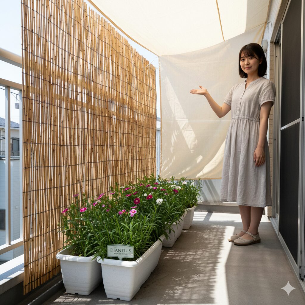 なでしこ 育て方 プランター8 夏の強い直射日光を避けるため、シェードを利用して半日陰の環境で管理されているなでしこのプランター。